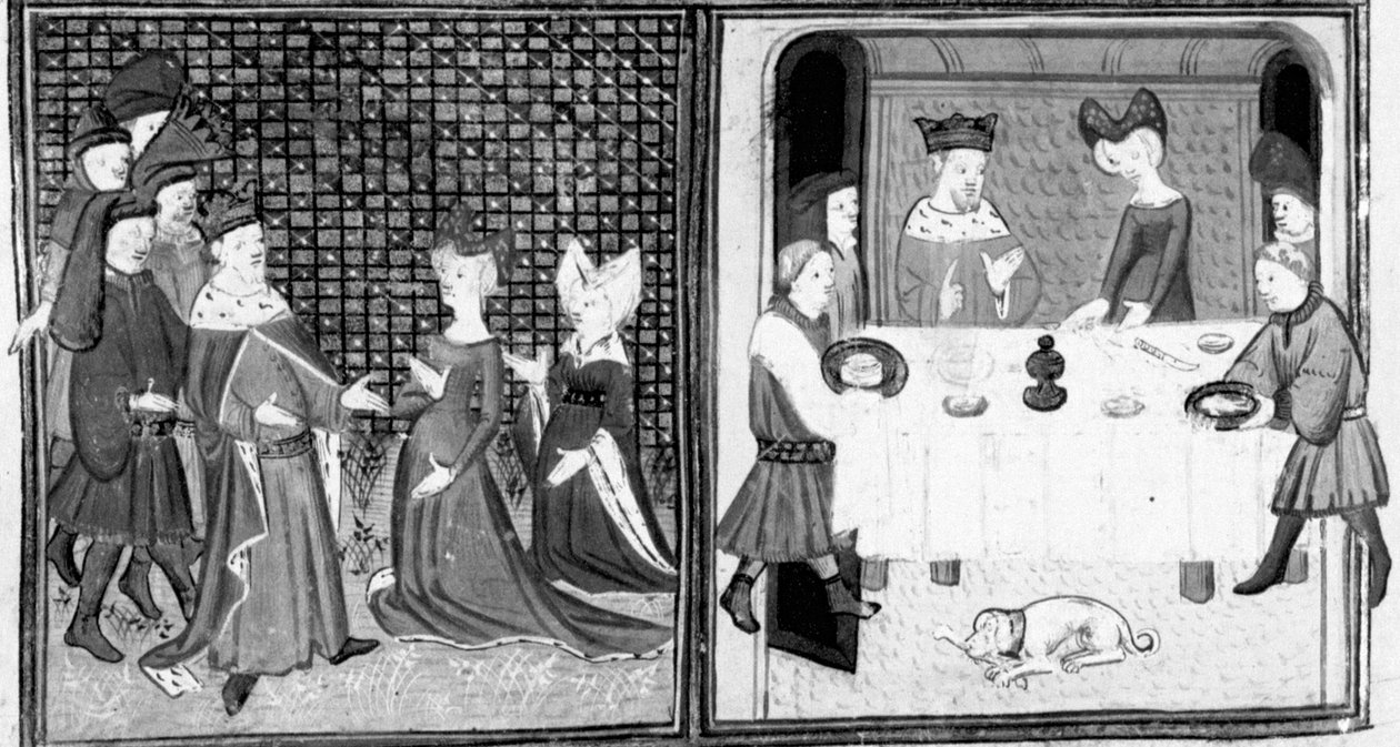 Decameron, Montferratin markiisi ottaa vastaan Filip Yksisilmäisen; aateliset istuvat aterioimaan. Ensimmäinen päivä, uusi 5. tekijältä Giovanni Boccaccio