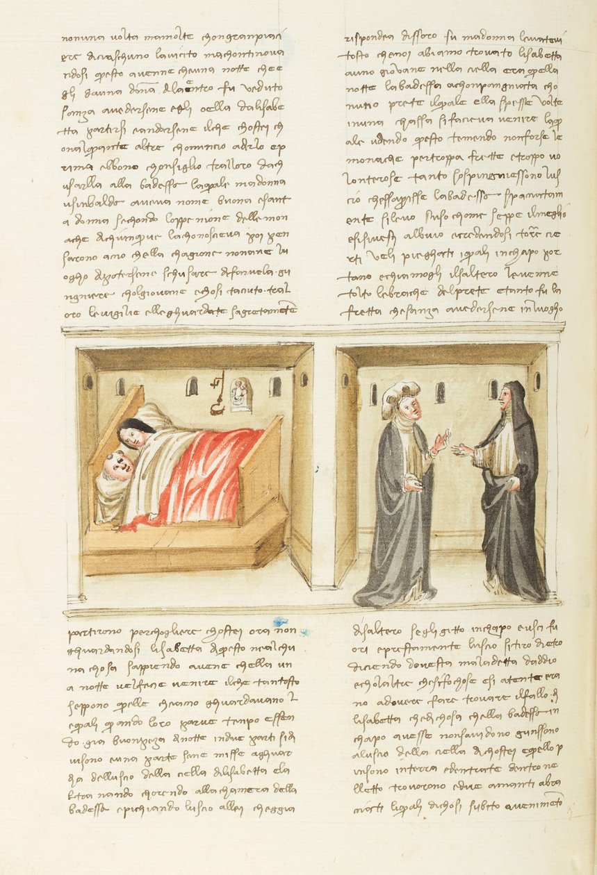 Dekameron, Nunna; Isabetta ja hänen rakastajansa; Isabetta abbedissa edessä , Yhdeksäs päivä, novelli 2. tekijältä Giovanni Boccaccio