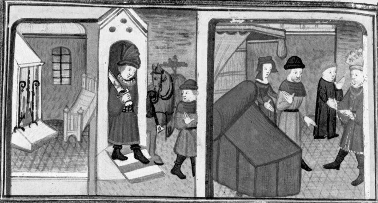 Decameron, Ritari Lambertuccio pakenee Isabellan huoneesta; naisen aviomies löytää rakastajan huoneesta . Seitsemäs päivä, novelli 6 tekijältä Giovanni Boccaccio
