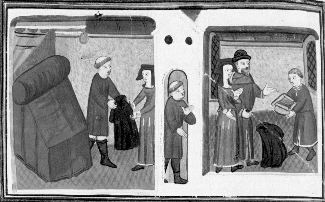 Decameron, Varlungon kirkkoherra panttaa takkinsa Madame Belcolorelle; pappi antaa naiselle laastarin. Kahdeksas päivä, novelli 2 tekijältä Giovanni Boccaccio