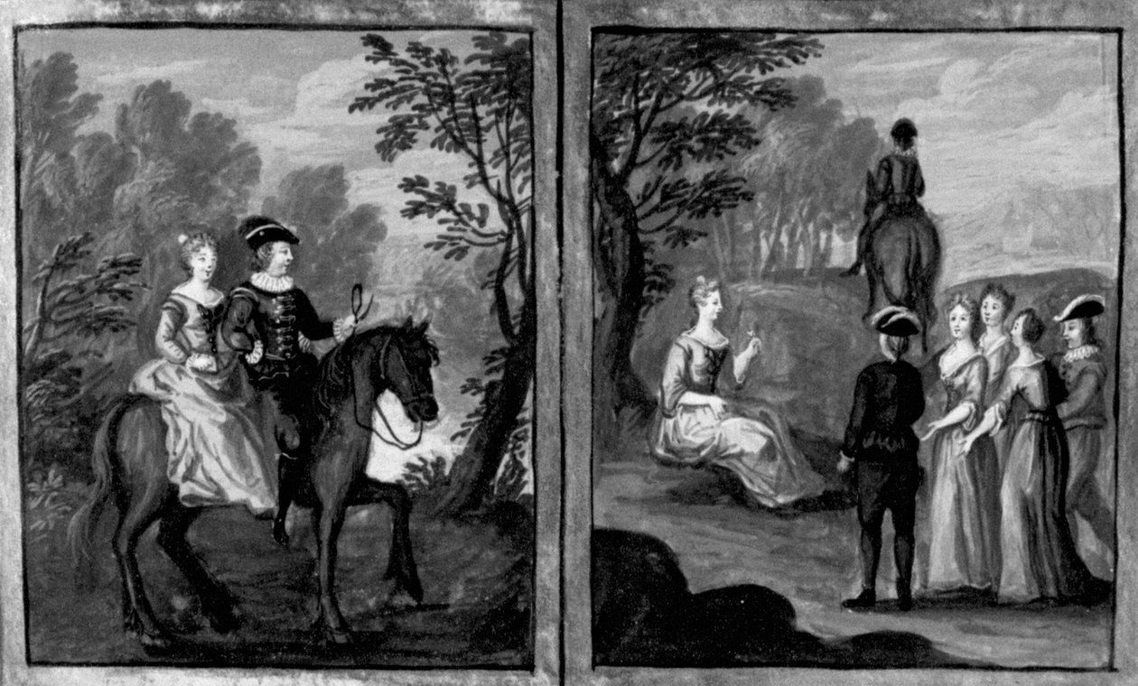 Decameron, Madame Oretta suostuu ratsastamaan ratsumiehen kanssa; Oretta nousee kyydistä. Kuudes päivä, novelli 1 tekijältä Giovanni Boccaccio