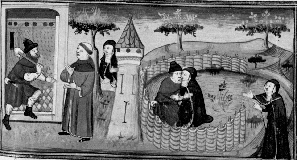 Decameron, Masetto pyytää vartijalta lupaa päästä luostariin; Masetto suutelee nunnaa. Kolmas päivä, novelli 1 tekijältä Giovanni Boccaccio