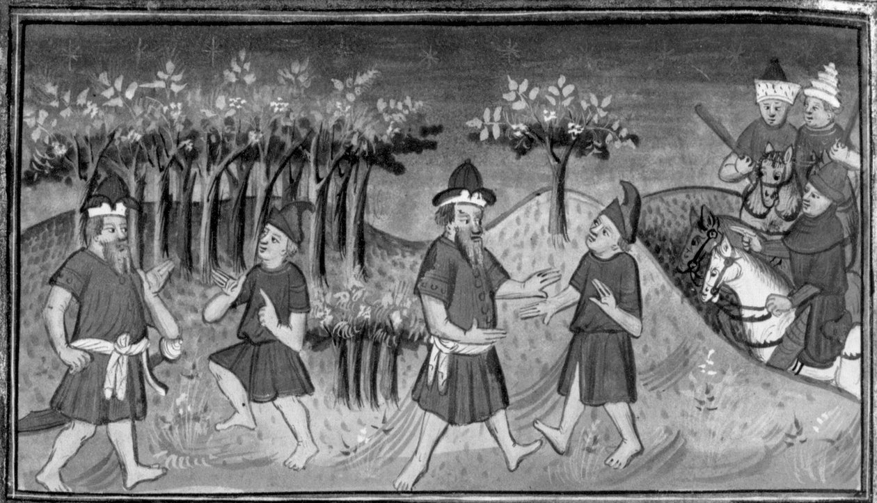Dekameronissa Mitridanes tapaa Natanin metsässä; miehet pääsevät sovintoon. Kymmenes päivä, novelli 1 tekijältä Giovanni Boccaccio