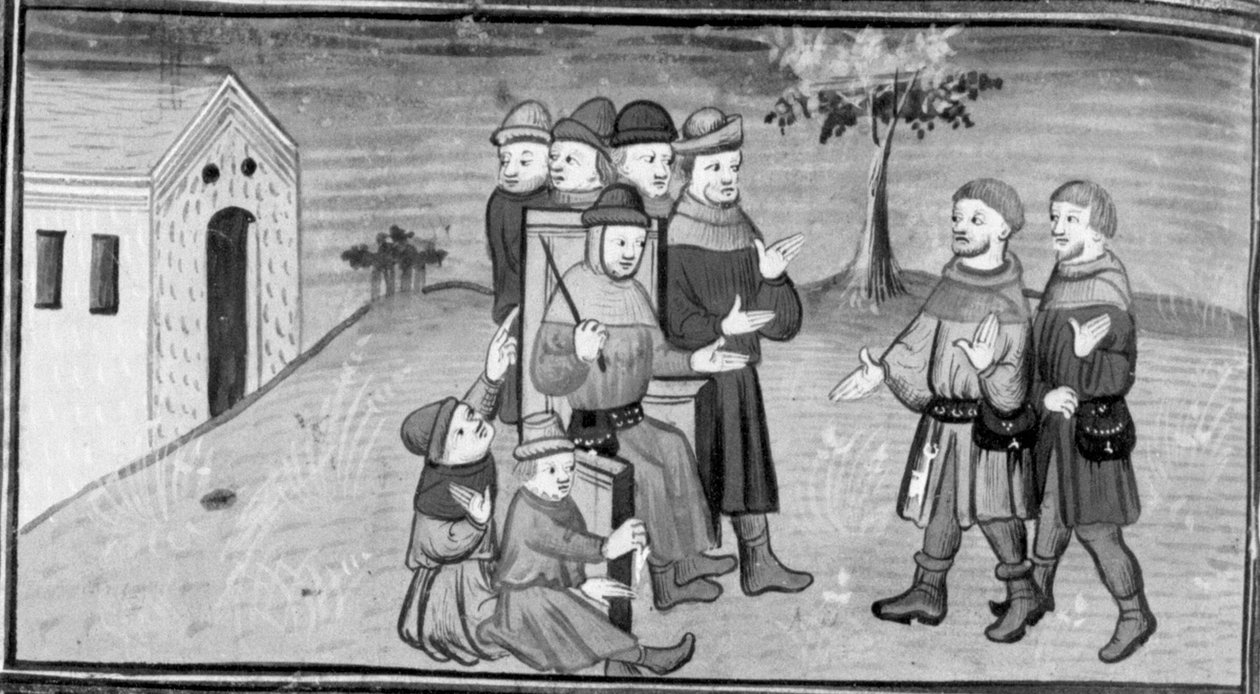 Decameron, Ribi ja Maso del Saggio häiritsevät tuomari Nicolaa, kun Matteuzzo vetää housujaan. Kahdeksas päivä, uutinen 5 tekijältä Giovanni Boccaccio