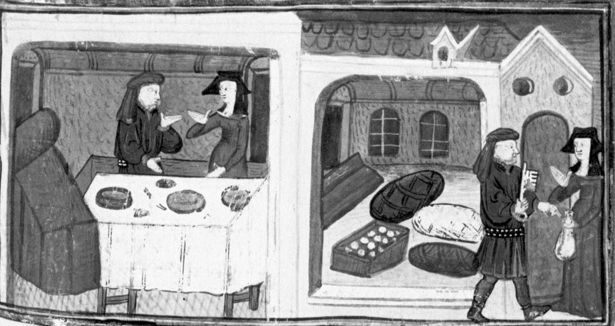Decameron, Salabaetto istuu pöydän ääressä Iancofioren kanssa; Salabaettolle toimitetaan varaston avain. Kahdeksas päivä, uutinen 10 tekijältä Giovanni Boccaccio