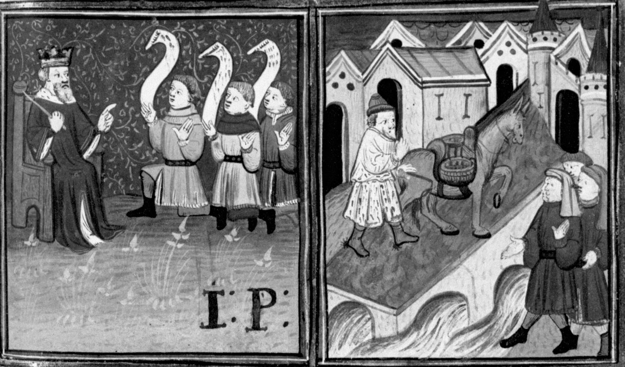 Decameron, Salomo julistaa tuomionsa; Joséphe ja Mélissa joutuvat ylittämään Hanhisillan. Yhdeksäs päivä, uutinen 9 tekijältä Giovanni Boccaccio