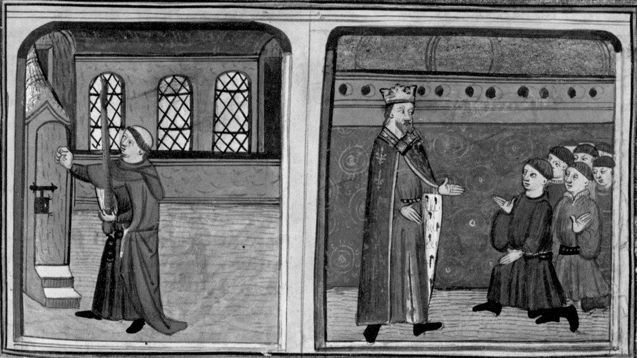 Dekameron, Sulhanen koputtaa kuningattaren ovelle kuninkaaksi naamioituneena; kuningas kohtaa palvelijansa. Kolmas päivä, novelli 2 tekijältä Giovanni Boccaccio