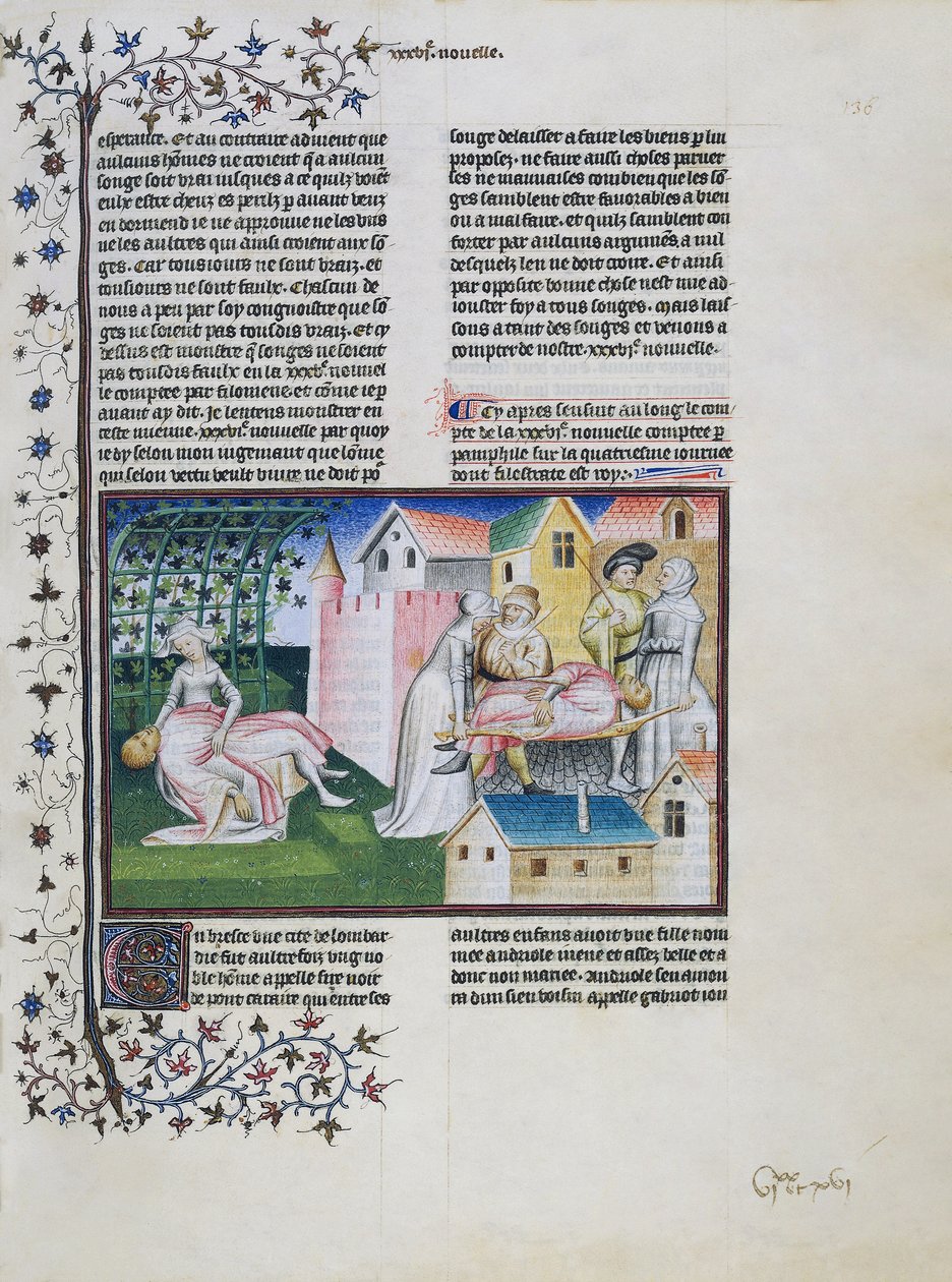 Gabriotto kuolee Andreuolan sylissä, Andreuola tuo ruumiinsa kotiin ja hänet pidätetään, Andreuola julistetaan syyttömäksi ja hänestä tulee nunna, Giovanni Boccaccion (1313-1375) Dekameronin, Neljäs päivä, kuudes tarinan miniatyyri. tekijältä Giovanni Boccaccio