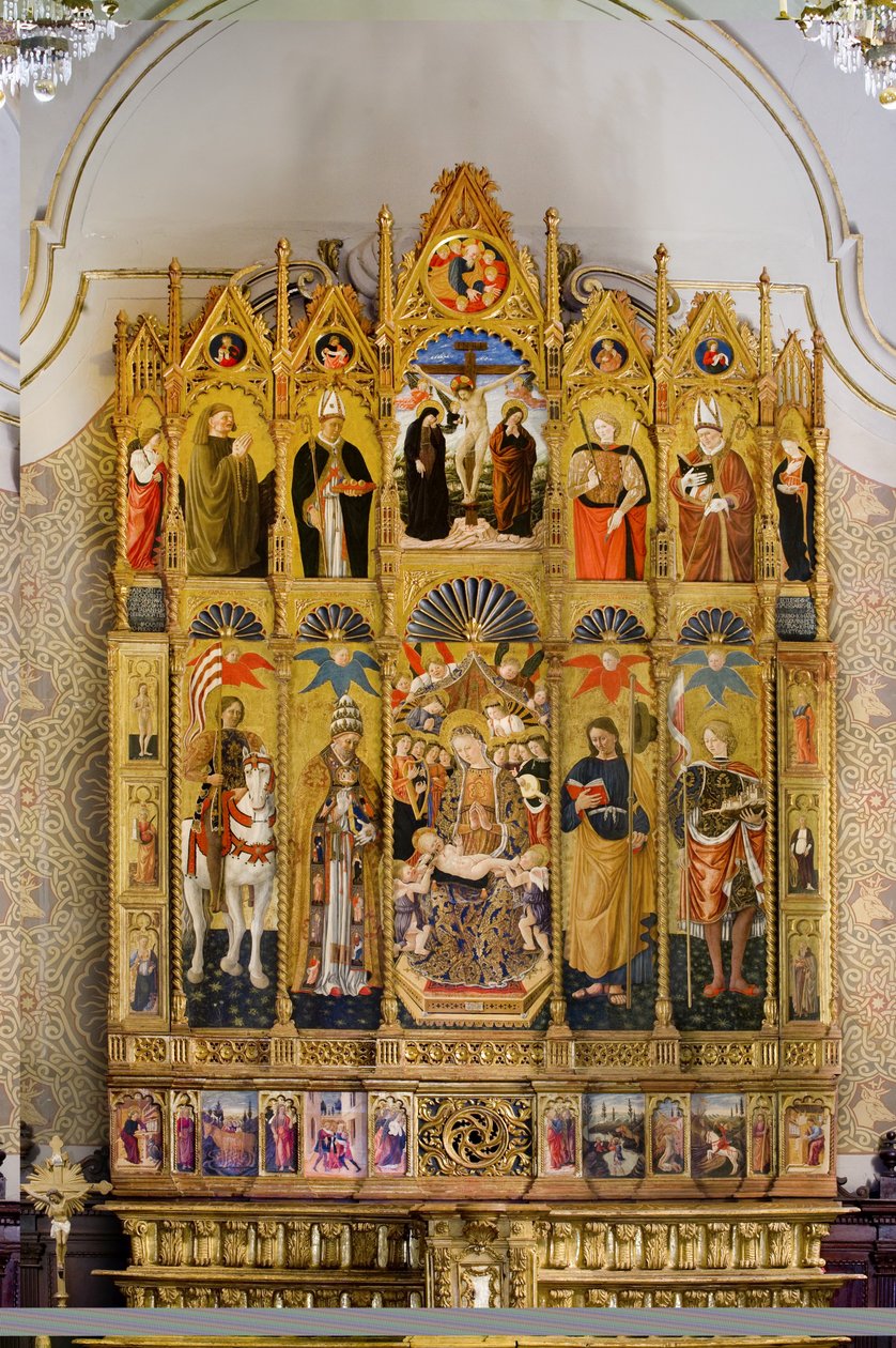 Polyptyykki, jossa Madonna ja lapsi istuvat Pyhän Eustacuksen, Pyhän Pietarin, Pyhän Jaakob Suuren, Pyhän Venantiuksen, Beato Guardaton, Pyhän Nikolauksen, Kristuksen ristiinnaulitseminen, Pyhän Sebastianuksen ja Pyhän Eleutheriuksen välissä, tarinoita Pyh tekijältä Giovanni Boccati or Boccatto