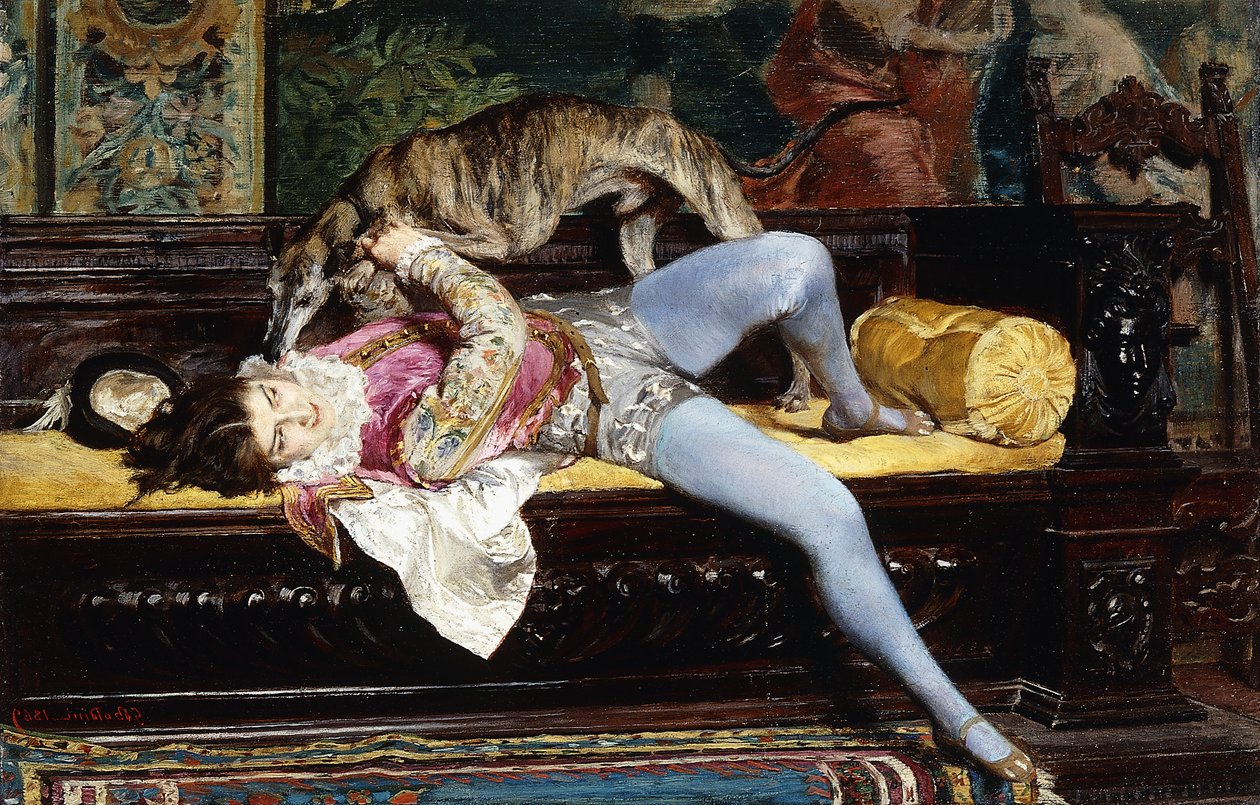 Nuori sivu, leikkii vinttikoiran kanssa; Nuori sivu, leikkii vinttikoiran kanssa, 1869 tekijältä Giovanni Boldini