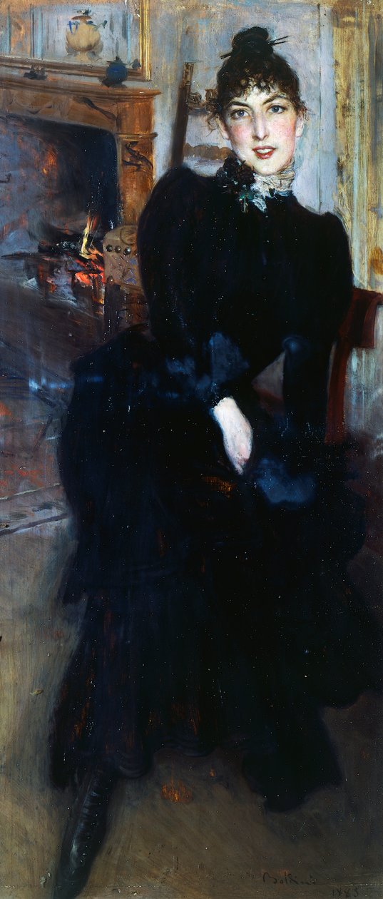 Alaide Banti takalla (öljy paneelille) tekijältä Giovanni Boldini