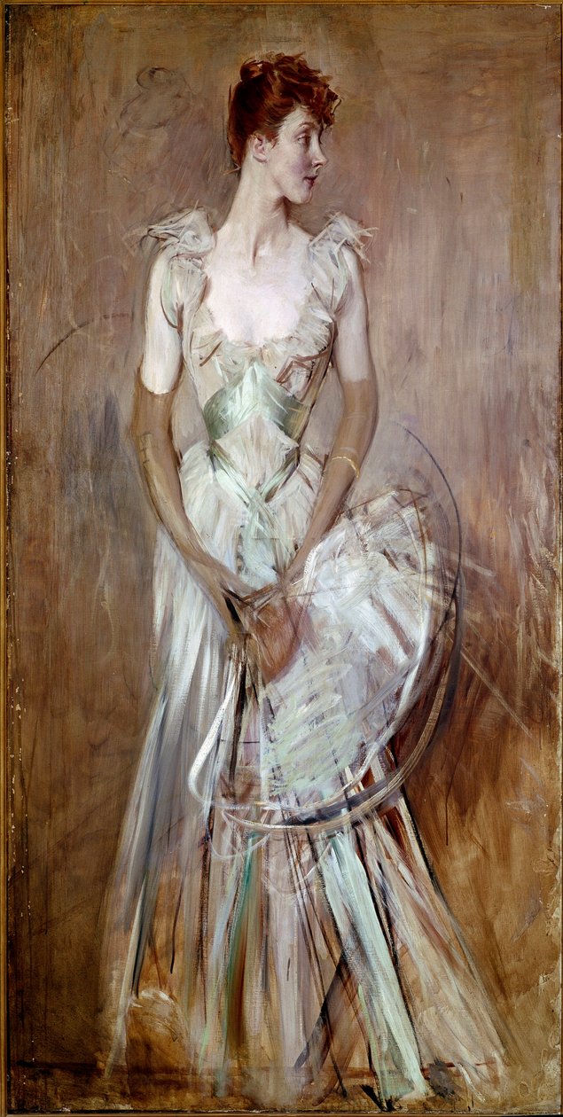 Kaunis aikakausi: "" Leussen kreivitär nee Berthierin muotokuva"" Nainen tyylikkäässä valkoisessa iltapuvussa. Giovanni Boldinin (1842-1931) maalaus Sun. 200x105 cm Pistoia, Boldini Collection tekijältä Giovanni Boldini