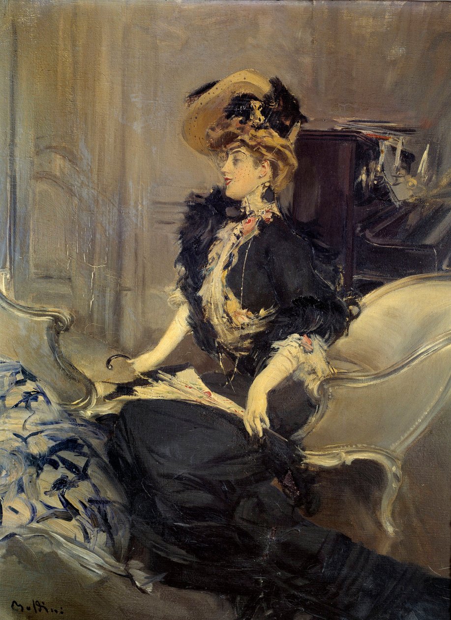Belle Epoque: "" vierailu"" Tyylikäs nuori nainen iltapuvussa. Giovanni Boldinin maalaus tekijältä Giovanni Boldini
