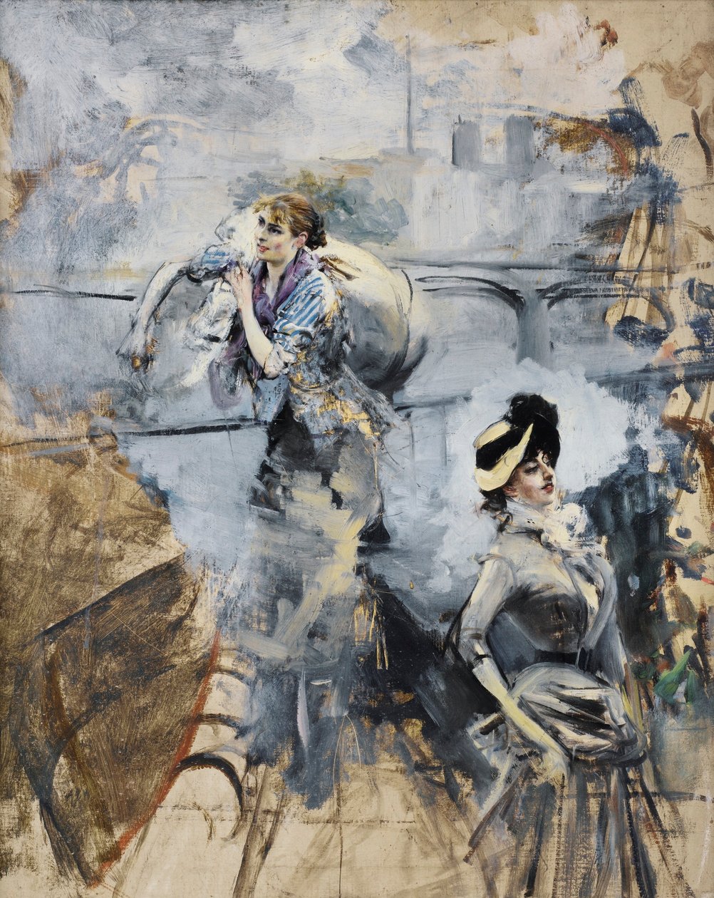 Boldini - PESIJÄNAINEN JA NUORI BRUNETTE SEINÄJOEN RANNALLA, PARIISI tekijältä Giovanni Boldini