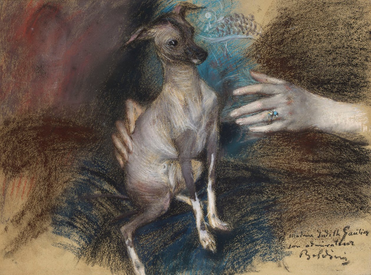 Tyylikäs nainen koiran kanssa (pastelli ja hiili paperilla) tekijältä Giovanni Boldini