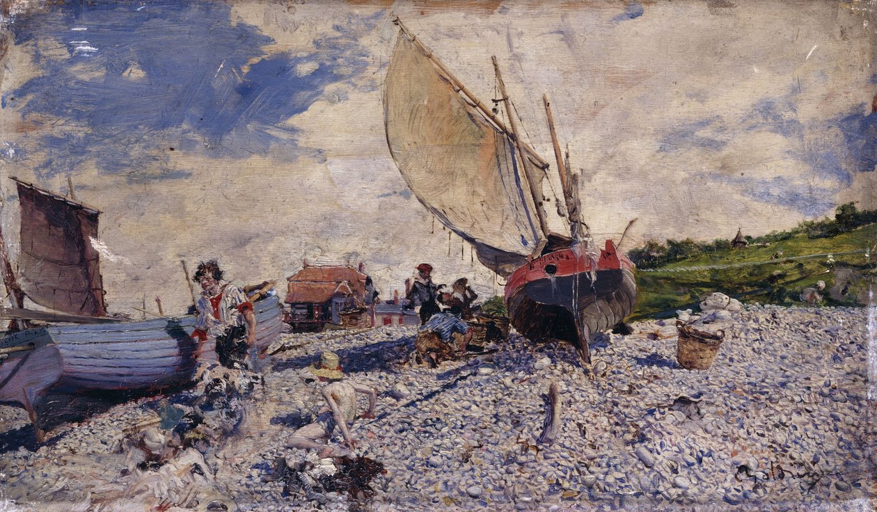 Etretat Beach Le Havren pohjoispuolella; Spiaggia Le Havren pohjoisessa piirikunnassa, noin 1870–1872 tekijältä Giovanni Boldini