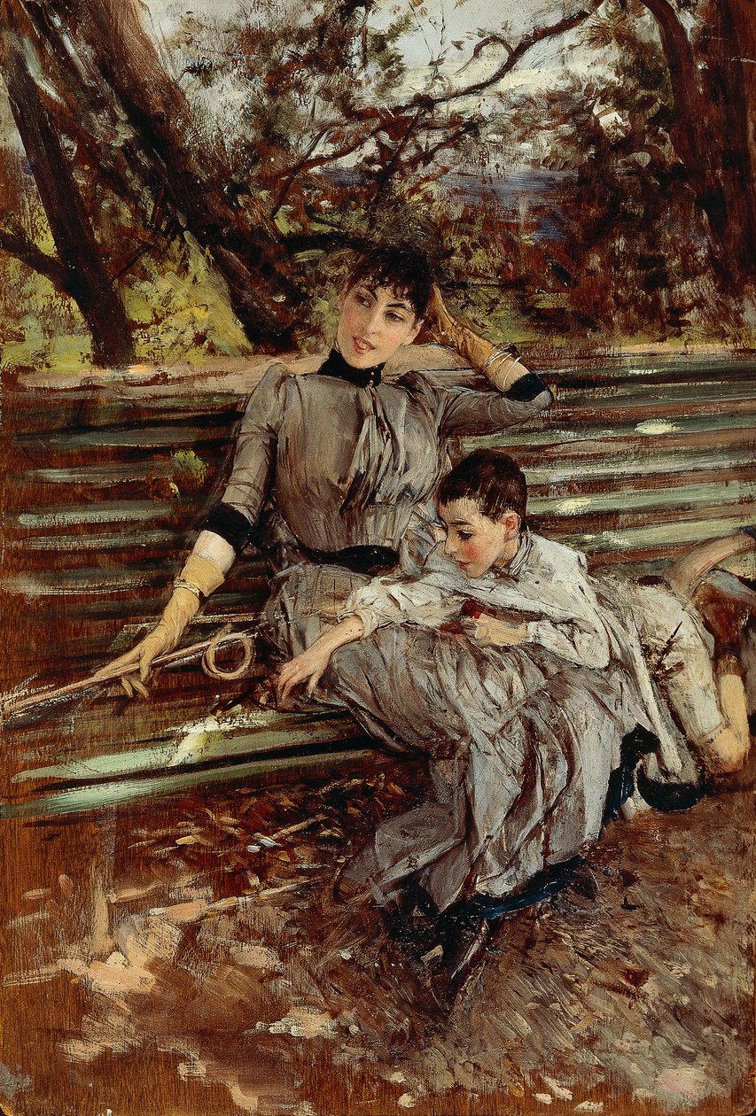 Puutarhassa tai Alaide ja Ottavio Banti, noin 1884, kirjoittanut Giovanni Boldini (1842-1931), öljy paneelille, 34x24 cm tekijältä Giovanni Boldini