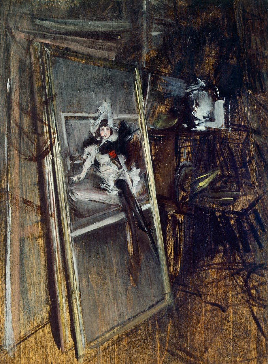 Taidemaalarin ateljeen sisällä Giovanni Boldinin (1842-1931) maalaus Nuori tyttö, Errazuriz tekijältä Giovanni Boldini