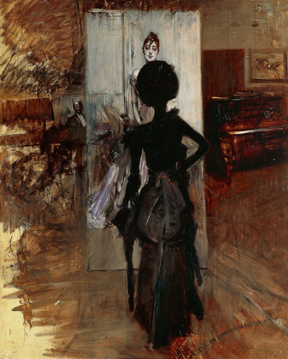 Nainen maalarin studiossa Giovanni Boldinin (1842-1931) valkoista pastellia päin tekijältä Giovanni Boldini