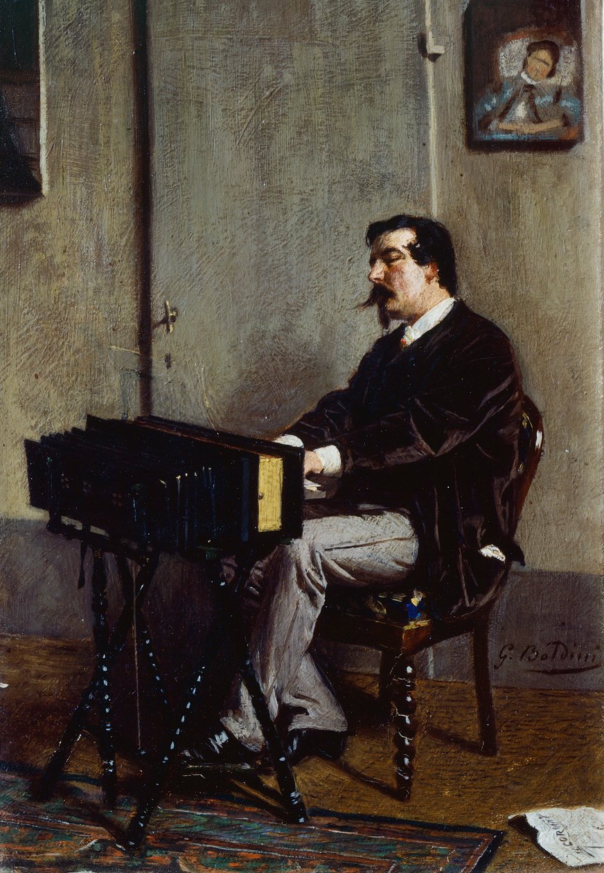 Taidemaalari Cristiano Banti Giovanni Boldinin (1842-1931) harmoniumilla, öljy kankaalle, 28x19 cm tekijältä Giovanni Boldini