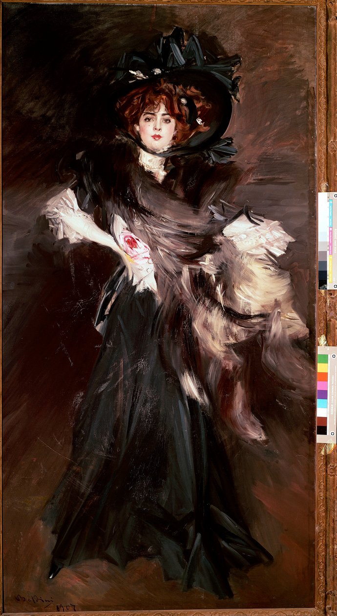 Mademoiselle Lantelmen muotokuva Nuori nainen pukeutuu mustaan ​​Belle Epoque -muotiin. Giovanni Boldinin (1842-1931) maalaus 1907 su. 227x118 cm Rooma, Modernin taiteen kansallisgalleria tekijältä Giovanni Boldini