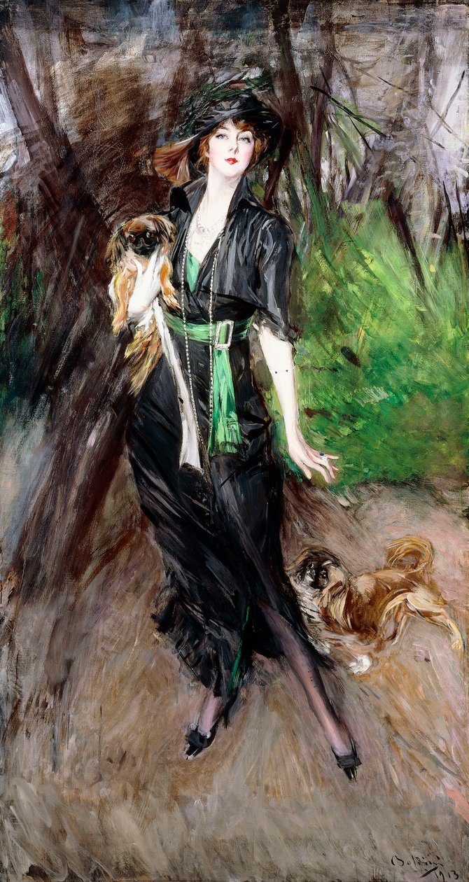 Naisen muotokuva, Lina Bilitis, kahden pekiniläisen kanssa, 1913 tekijältä Giovanni Boldini