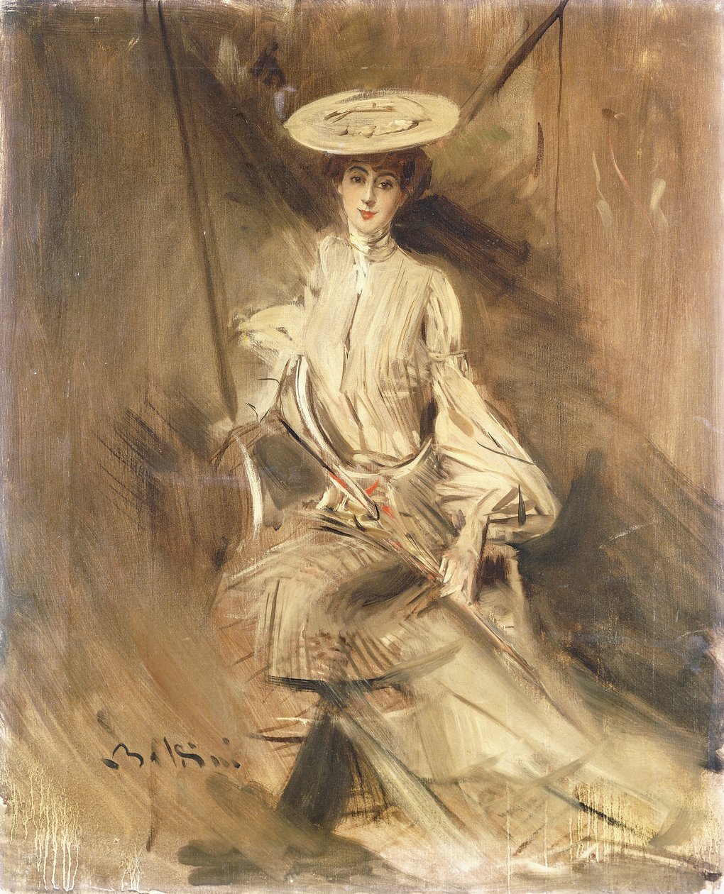 Naisen muotokuva, istuu ja aurinkovarjo, tekijältä Giovanni Boldini