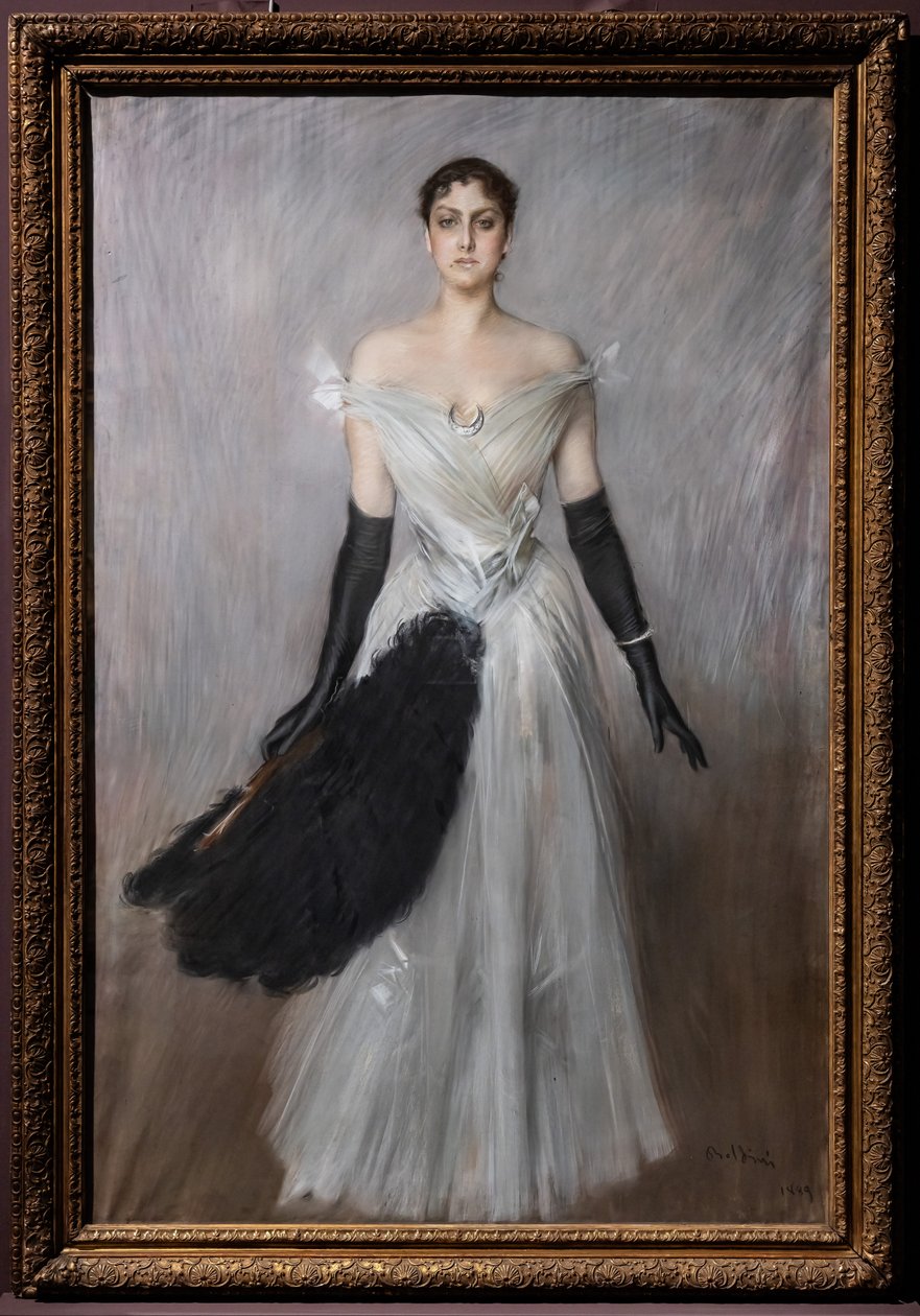 Valkoisen naisen muotokuva hanskat ja tuuletin tekijältä Giovanni Boldini