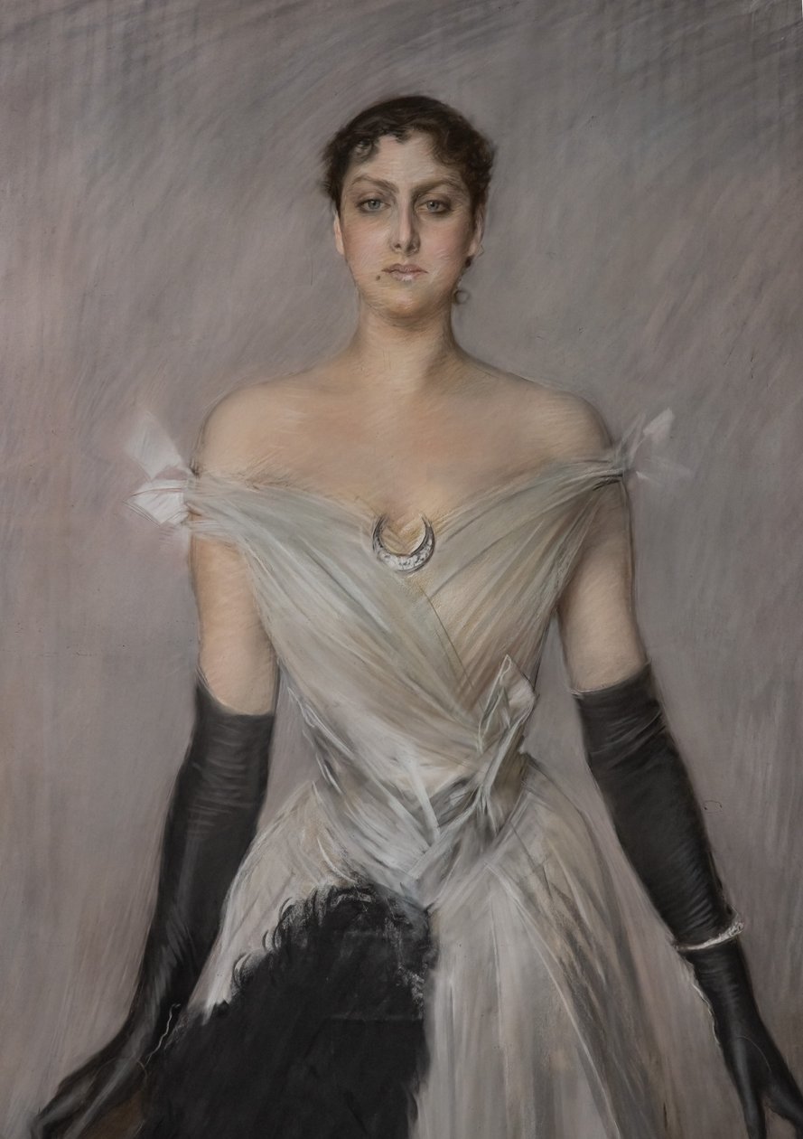 Valkoisen naisen muotokuva hanskat ja tuuletin, yksityiskohta tekijältä Giovanni Boldini