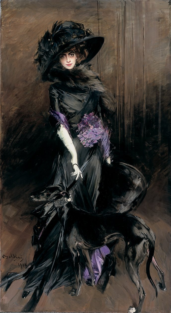 Muotokuva Marchesa Luisa Casatista vinttikoiran kanssa tekijältä Giovanni Boldini