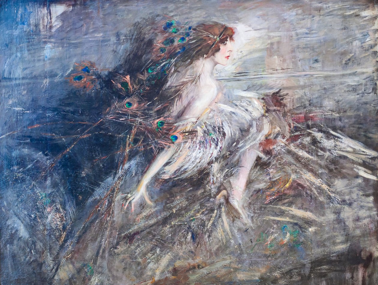 Marquise Casatin muotokuva riikinkukon höyhenillä tekijältä Giovanni Boldini