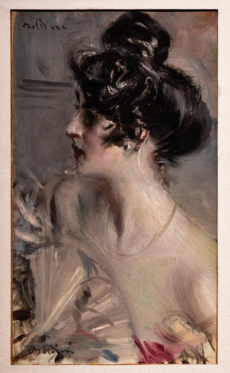 Nuoren ruskeanruskean profiilin hiukset sämpylässä tekijältä Giovanni Boldini
