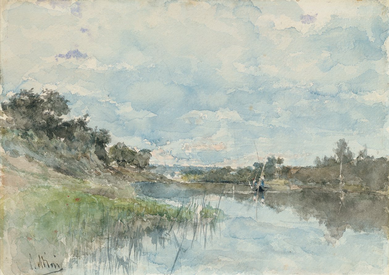 Jokimaisema kalastusveneellä (akvarelli) tekijältä Giovanni Boldini