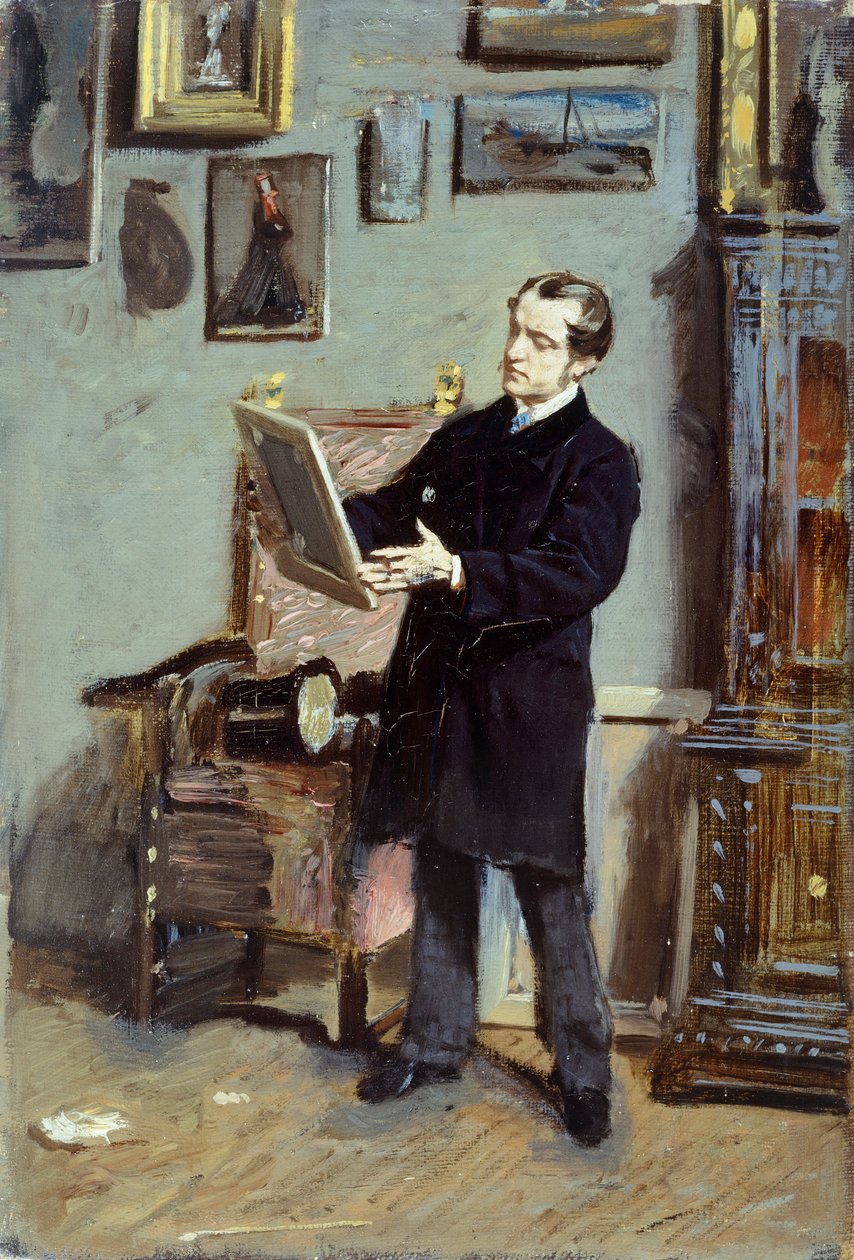 Omakuva Giovanni Boldinista katsomassa kuvaa, n. 1865, Giovanni Boldini (1842-1931), öljy kankaalle, 32x22,5 cm. tekijältä Giovanni Boldini