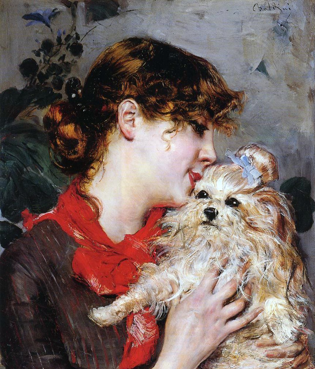 Näyttelijä Rejane ja hänen koiransa, n. 1885 (öljy paneelille) tekijältä Giovanni Boldini