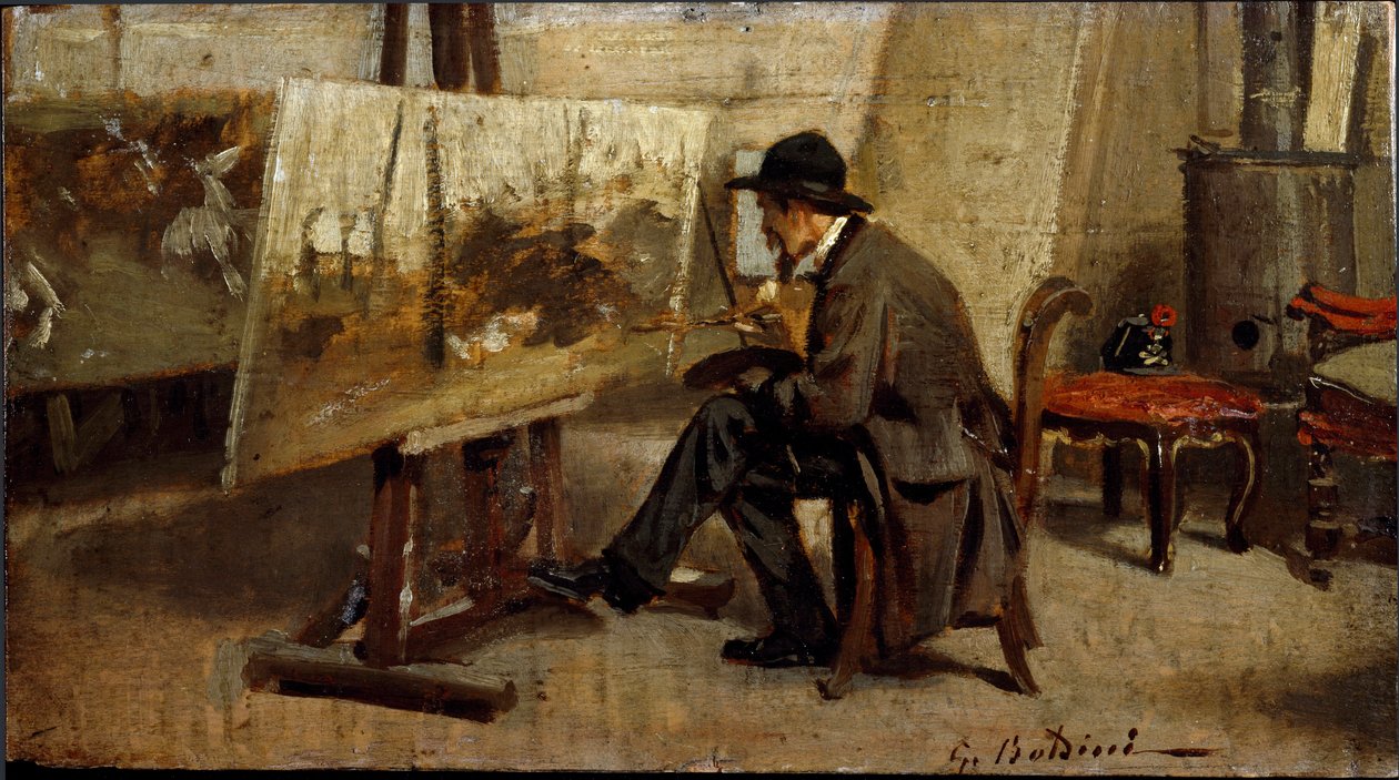 Taidemaalari Giovanni Fattori työpajassaan Maalaus Giovanni Boldinin (1842-1931) ansioksi 1863-1869 Sun. 13x24 cm Milanon yksityinen kokoelma tekijältä Giovanni Boldini