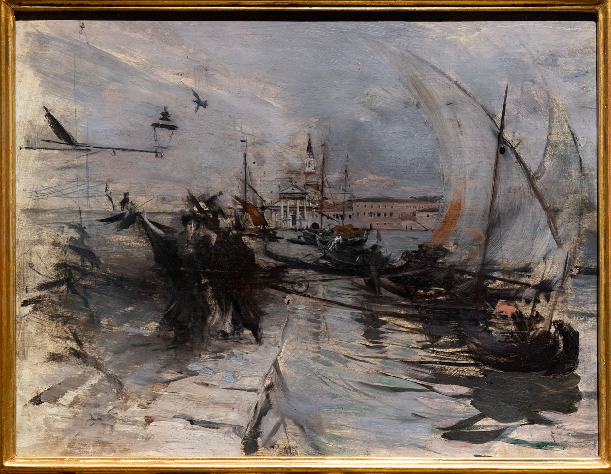 Venetsia, St. Giorgio Maggiore kaupungista nähtynä, n. 1885 (öljy paneelissa) tekijältä Giovanni Boldini