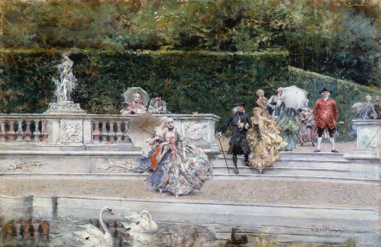 Näkymä Versaillesin puutarhaan, jossa on 1700-luvun vaatteisiin pukeutuneita ihmisiä, Giovanni Boldini (1842-1931), öljy paneelille tekijältä Giovanni Boldini