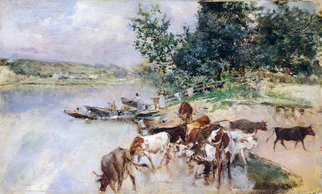 Nautakarjan juottaminen Seinen rannalla, Giovanni Boldini (1842-1931) tekijältä Giovanni Boldini