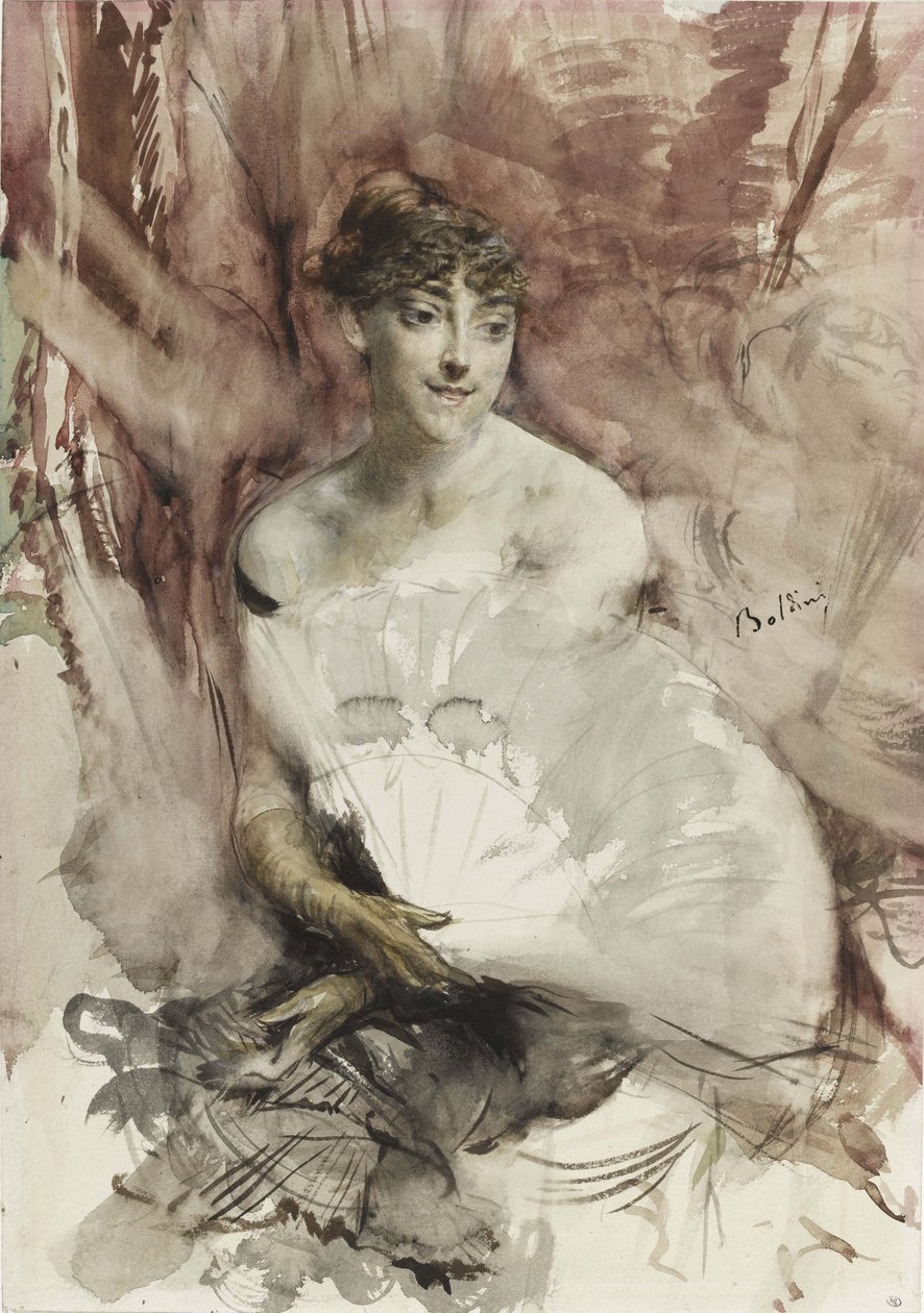 Nainen tuulettimen kanssa istumassa teatterilaatikossa Rastin kreivitär, n. 1878 tekijältä Giovanni Boldini