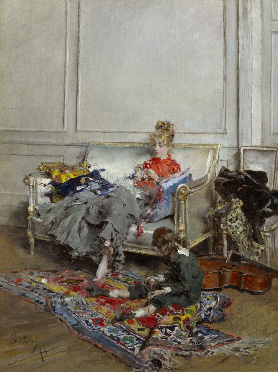 Nuori nainen virkkaamassa, 1875 tekijältä Giovanni Boldini