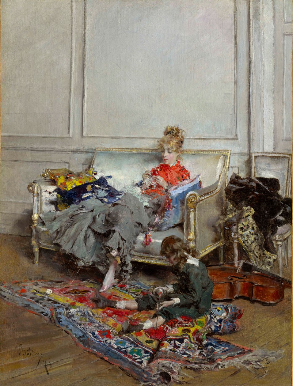 Nuori nainen virkkaamassa tekijältä Giovanni Boldini