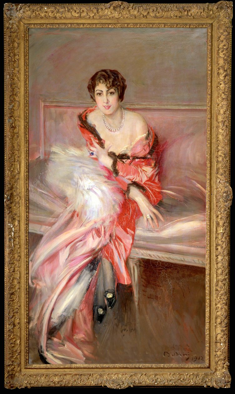 Yung nainen vaaleanpunainen maalarin studiossa ... (maalaus kankaalle) tekijältä Giovanni Boldini
