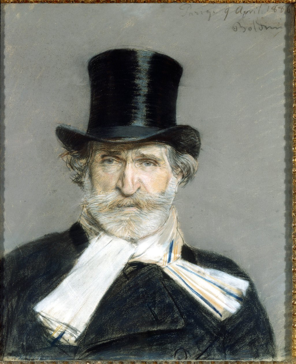 muotokuva Giuseppe Verdistä vuonna 1886. Dessin de Giuseppe Boldini (1842-1931). Rooma. Modernin taiteen galleria tekijältä Giovanni Boldini