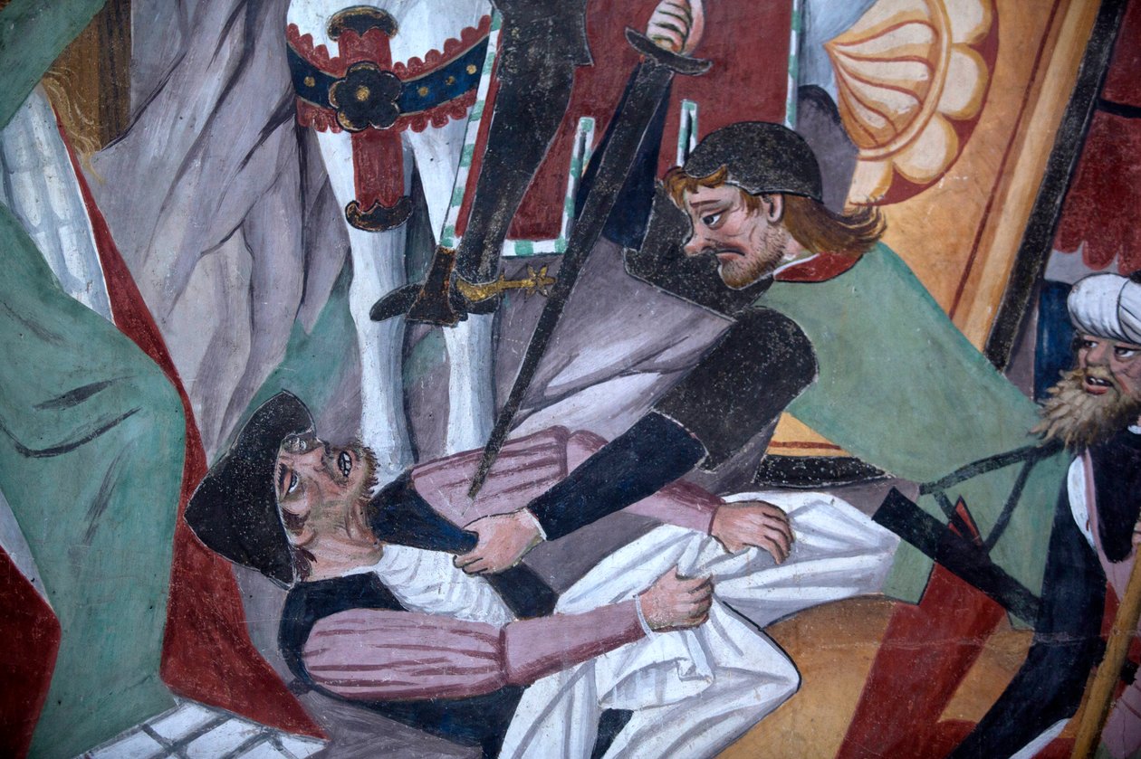 Passion sykli: ristiinnaulitseminen, yksityiskohta (fresko) tekijältä Giovanni Canavesio