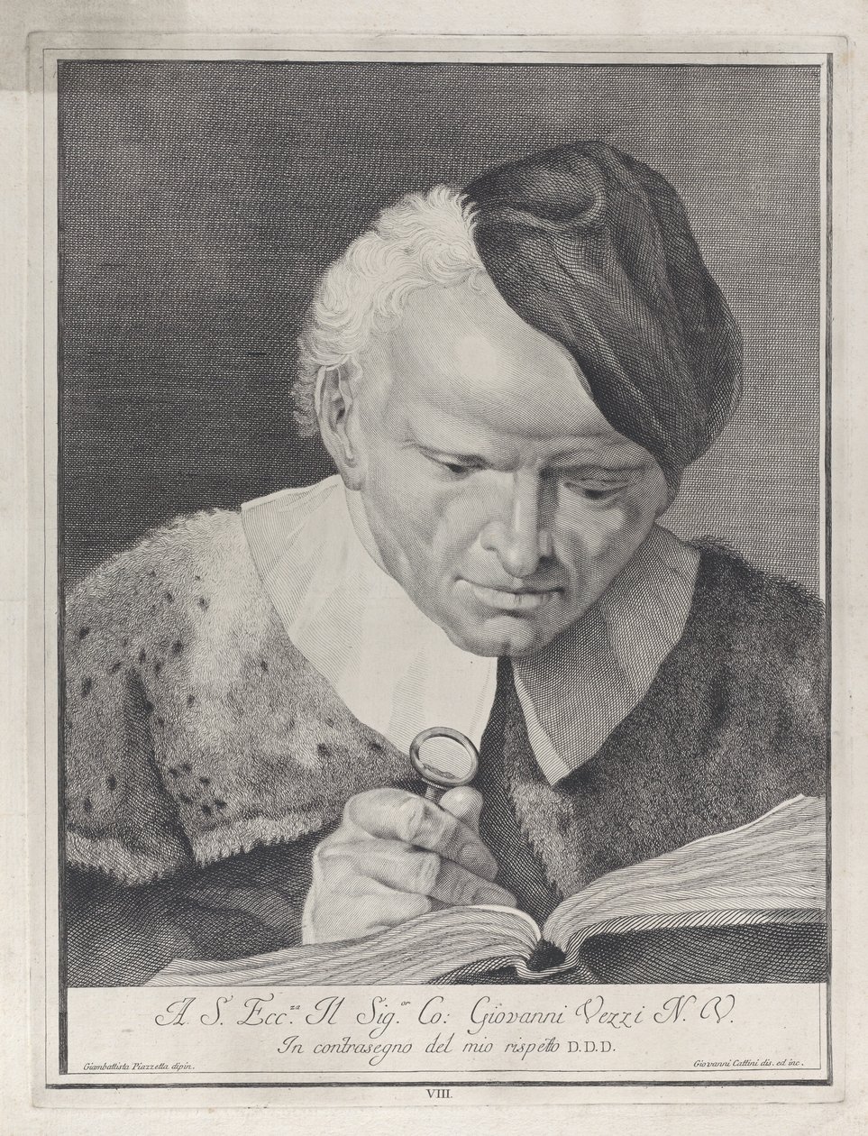 Mies hatussa lukemassa kirjaa suurennuslasilla, 1743. tekijältä Giovanni Cattini
