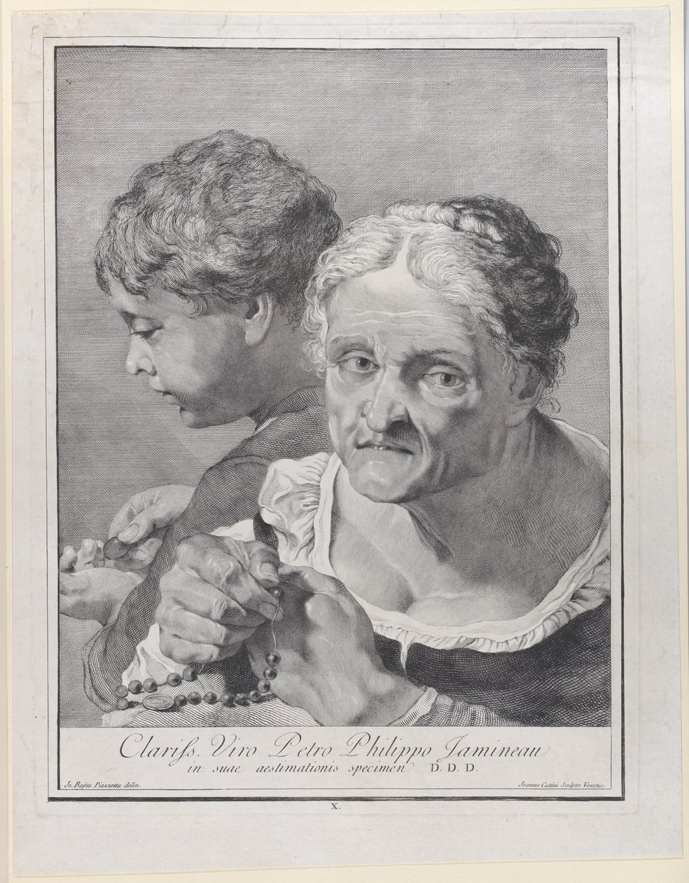 Vanha nainen rukouksen kanssa ja poika laskee kolikoita, 1743. tekijältä Giovanni Cattini