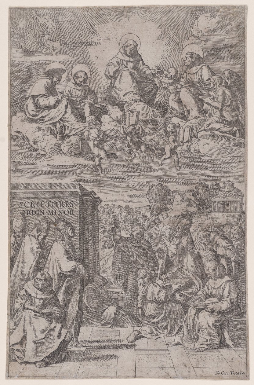 Kirkkokunta maisemakirjoituksessa, toiset yllä olevassa taivaallisessa maailmassa, n. 1650. tekijältä Giovanni Cesare Testa