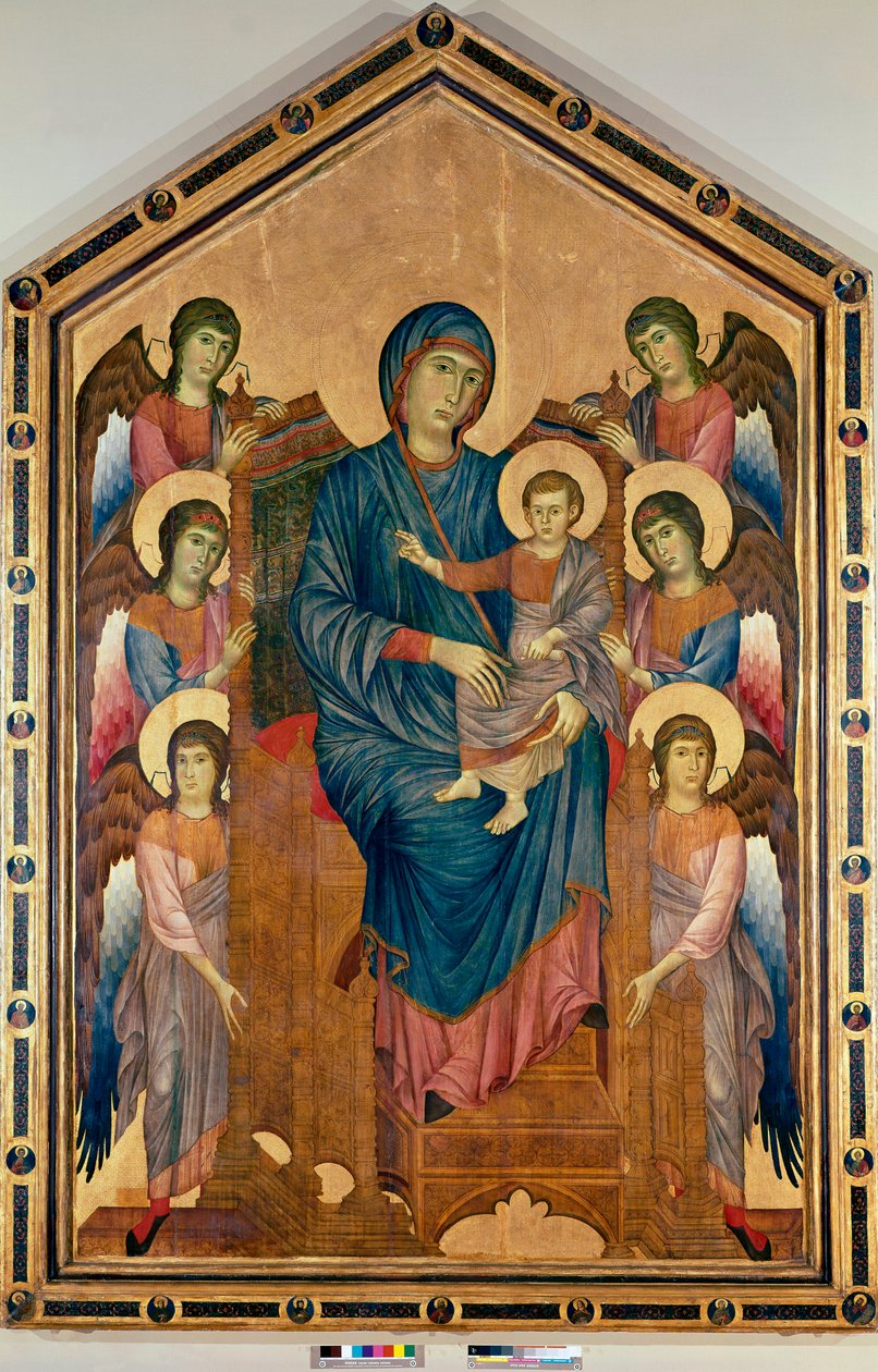 Neitsyt ja lapsi Majestessa kuuden enkelin ympäröimänä (1200-luku, tempera puulla) tekijältä Giovanni Cimabue