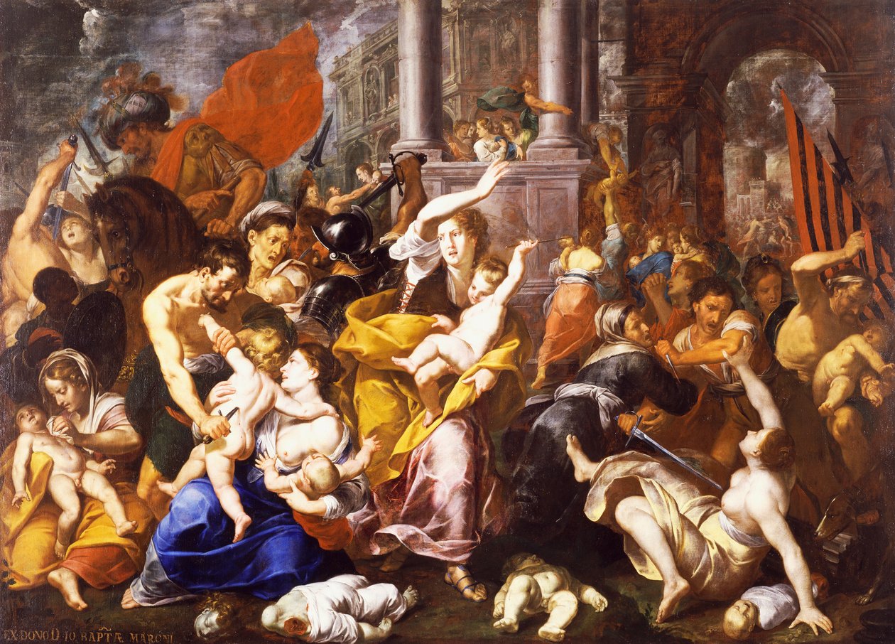 The Massacre of the Innocents, kirjoittanut Johann Christoph Storer (1611-1671), öljy kankaalle, 300x420 cm, Pyhän Eustorgion kirkko, Milano, Italia. tekijältä Giovanni Cristoforo Storer